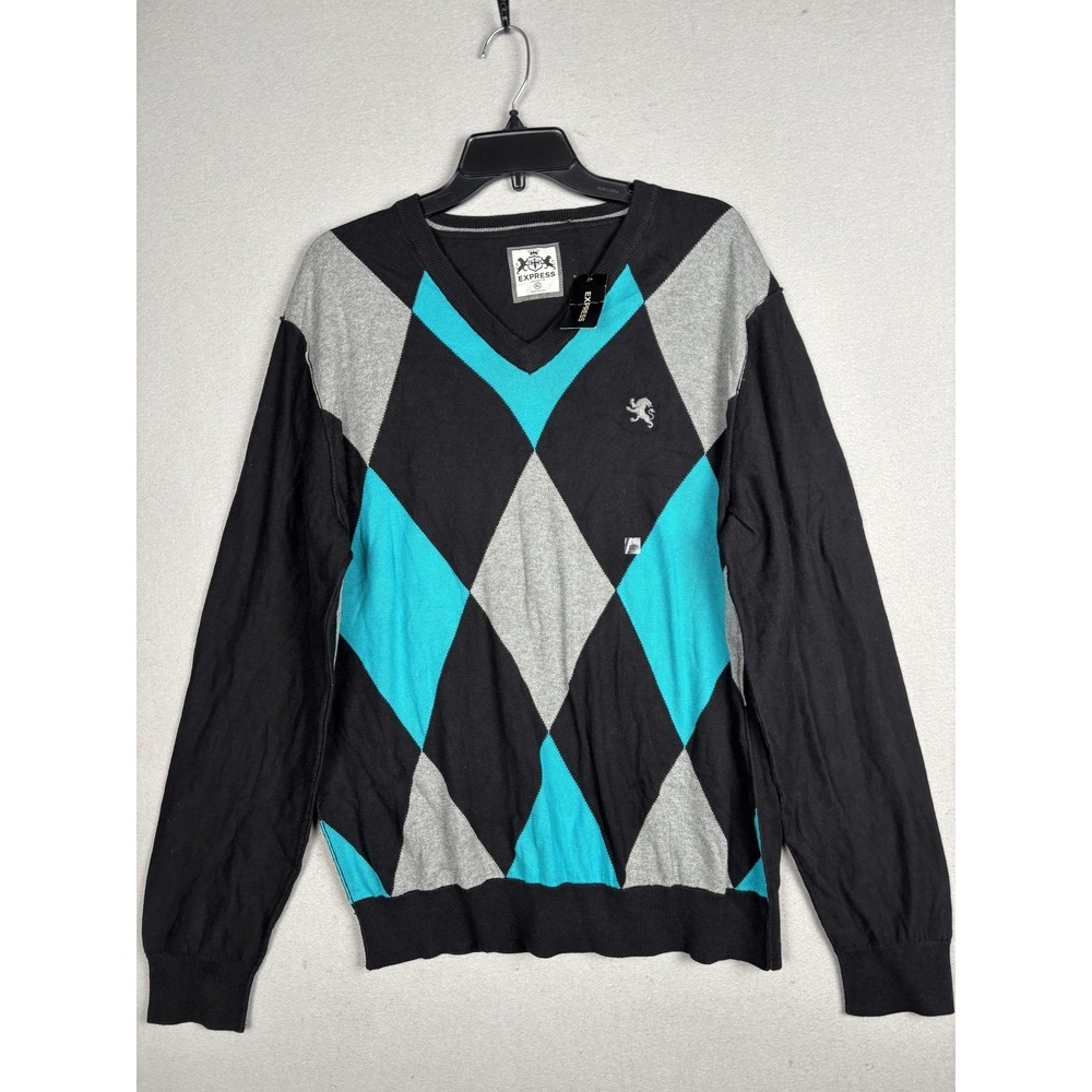 Express Sweater Mens XL Black Gray Teal Argyle V Neck Cotton Pullover Preppy